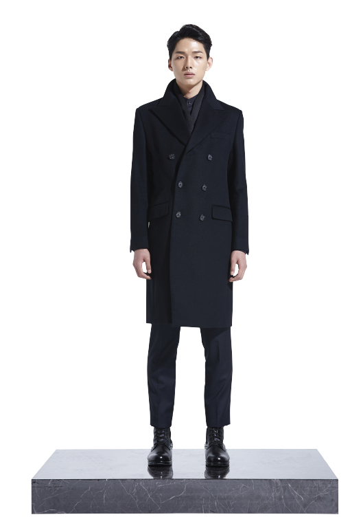 DOUBLE-BREASTED THREE BUTTON BLACK LONG COAT